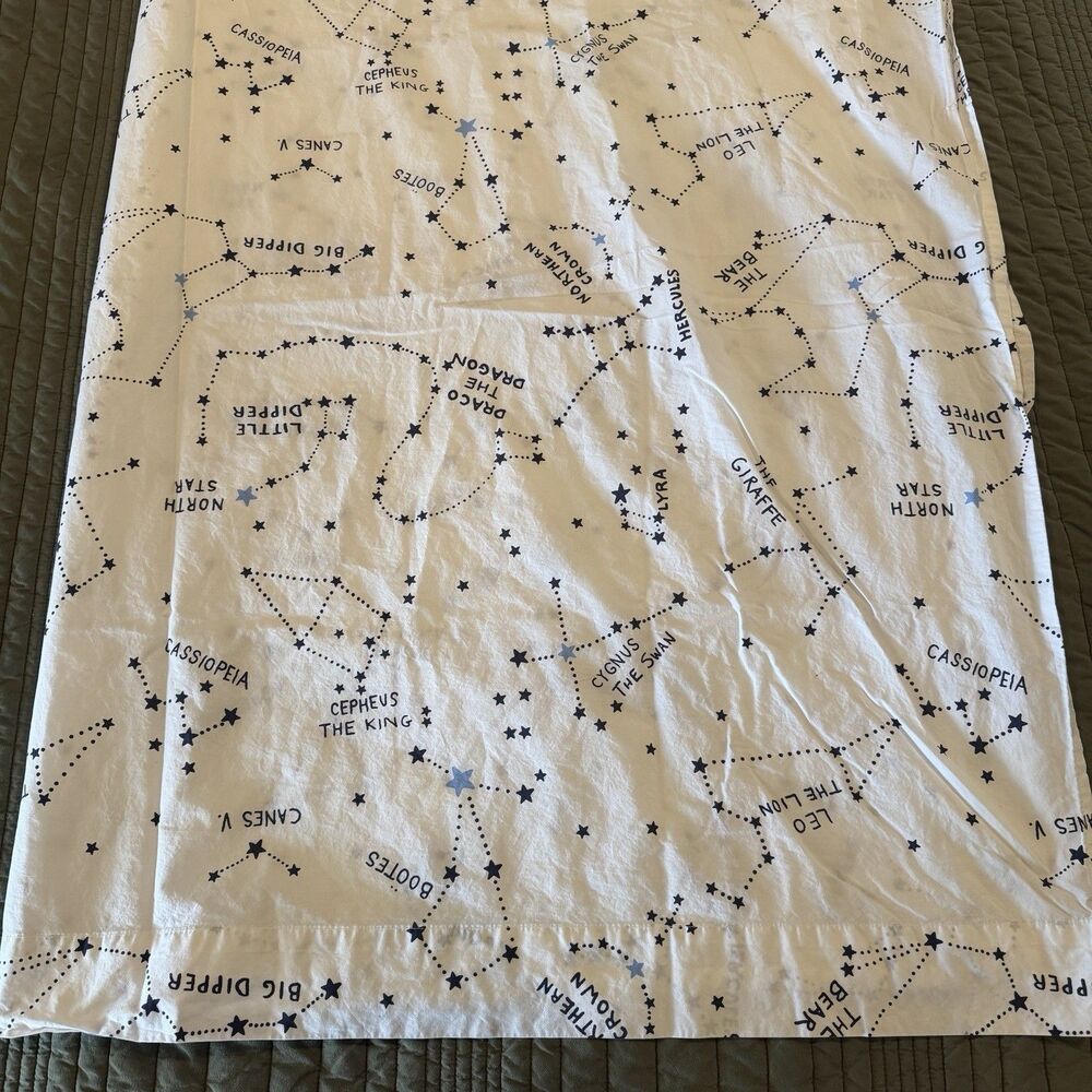 Pottery Barn Kids Constellations Stars Twin Top Flat Sheet White W/ Blue Print